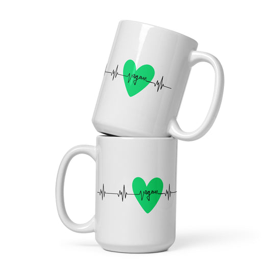 Vegan heartbeat with green heart, heart rate, large white mug / cup
