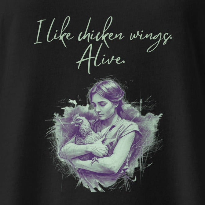 I like chicken wings. Alive. Chicken-motif against meat, fitted vegan racerback tank top