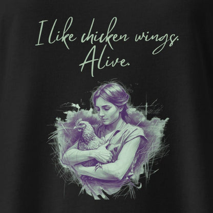 I like chicken wings. Alive. Chicken-motif against meat, fitted vegan racerback tank top